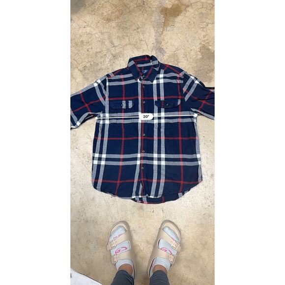 George Plaid Flannel Button Up Shirt M Navy Red White – Classic Y2K Streetwear - Picture 10 of 12